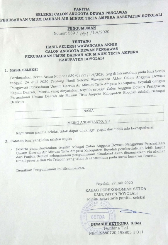 HASIL SELEKSI WAWANCARA AKHIR CALON ANGGOTA DEWAN PENGAWAS PERUSAHAAN UMUM DAERAH AIR MUNIM TIRTA AMPERA KABUPATEN BOYOLALI